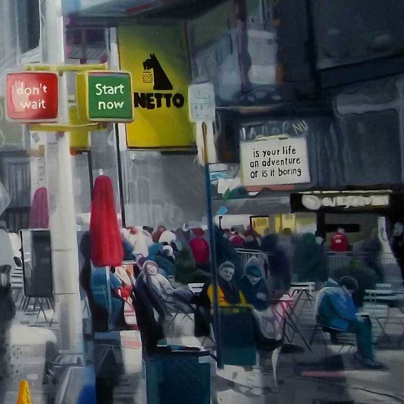 â maleri af by med liv og mennesker â se billeder af bymaleriet her Stort akrylmaleri