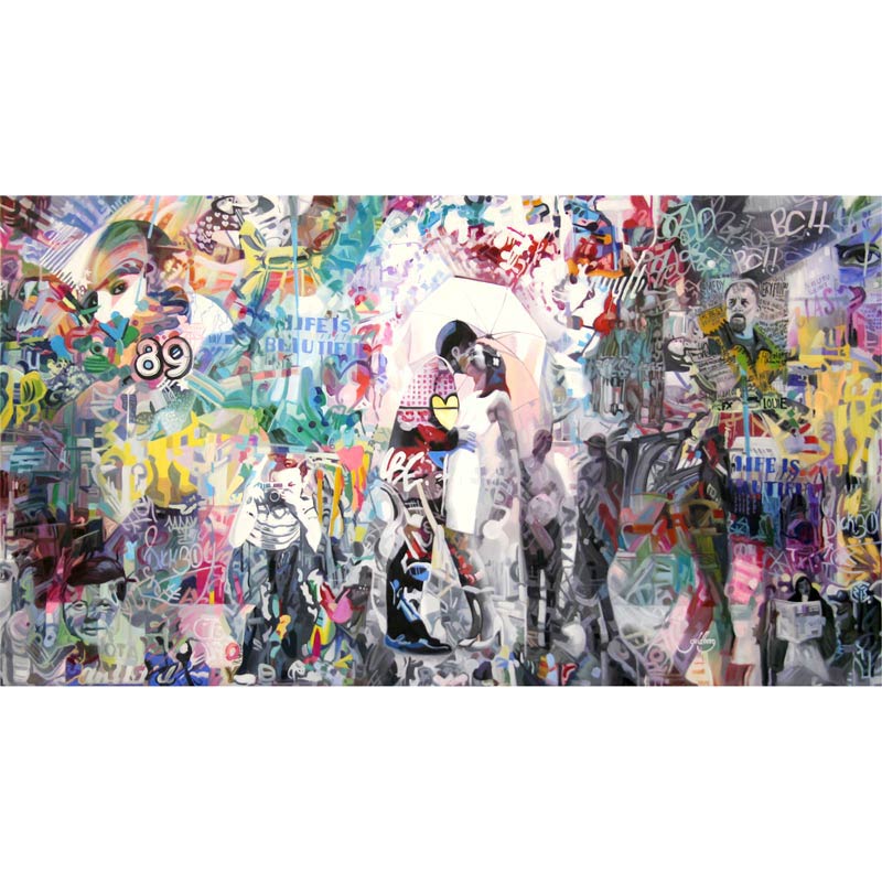 Grafitti maleri og abstrakt maleri af kyssende par
