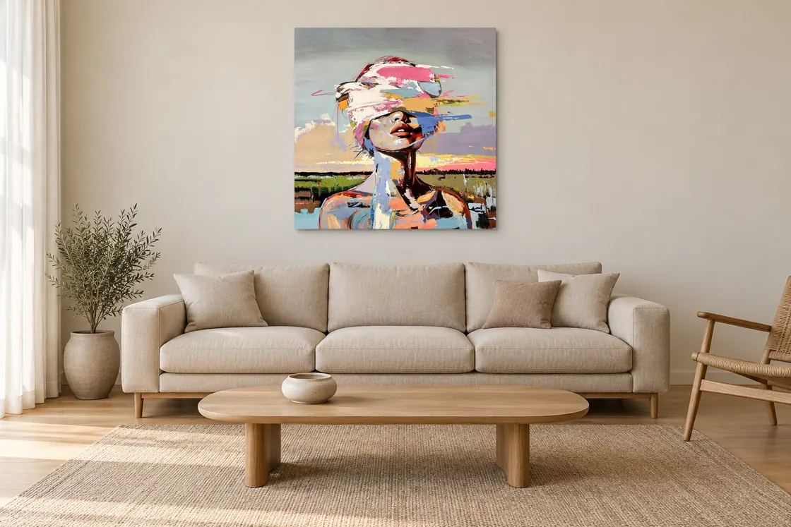 Still Becoming – indretningsvisualisering med det kvadratiske maleri over en sofa