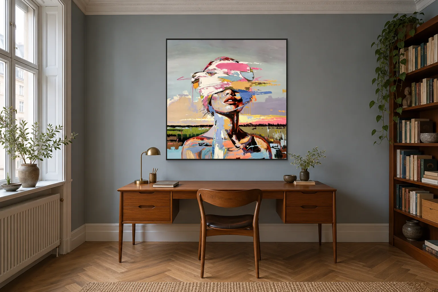 Kunstværket i et dansk hjem af Still Becoming, 100 × 100 cm, i arbejdsværelset