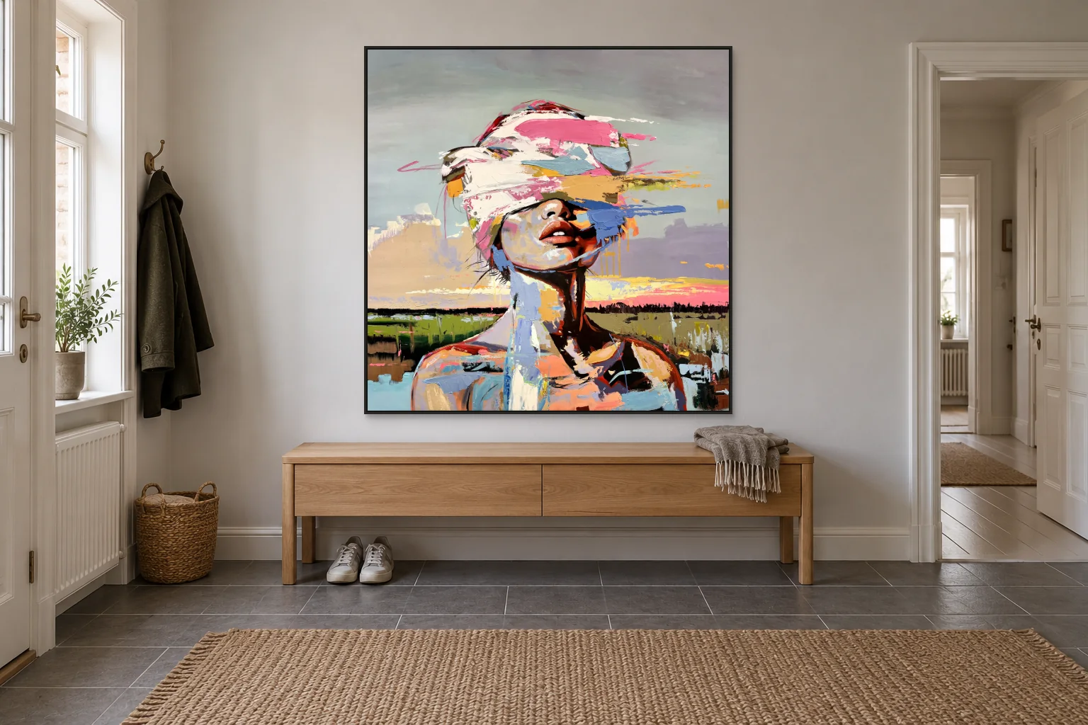 Kunstværket i et dansk hjem af Still Becoming, 125 × 125 cm, i den åbne entré