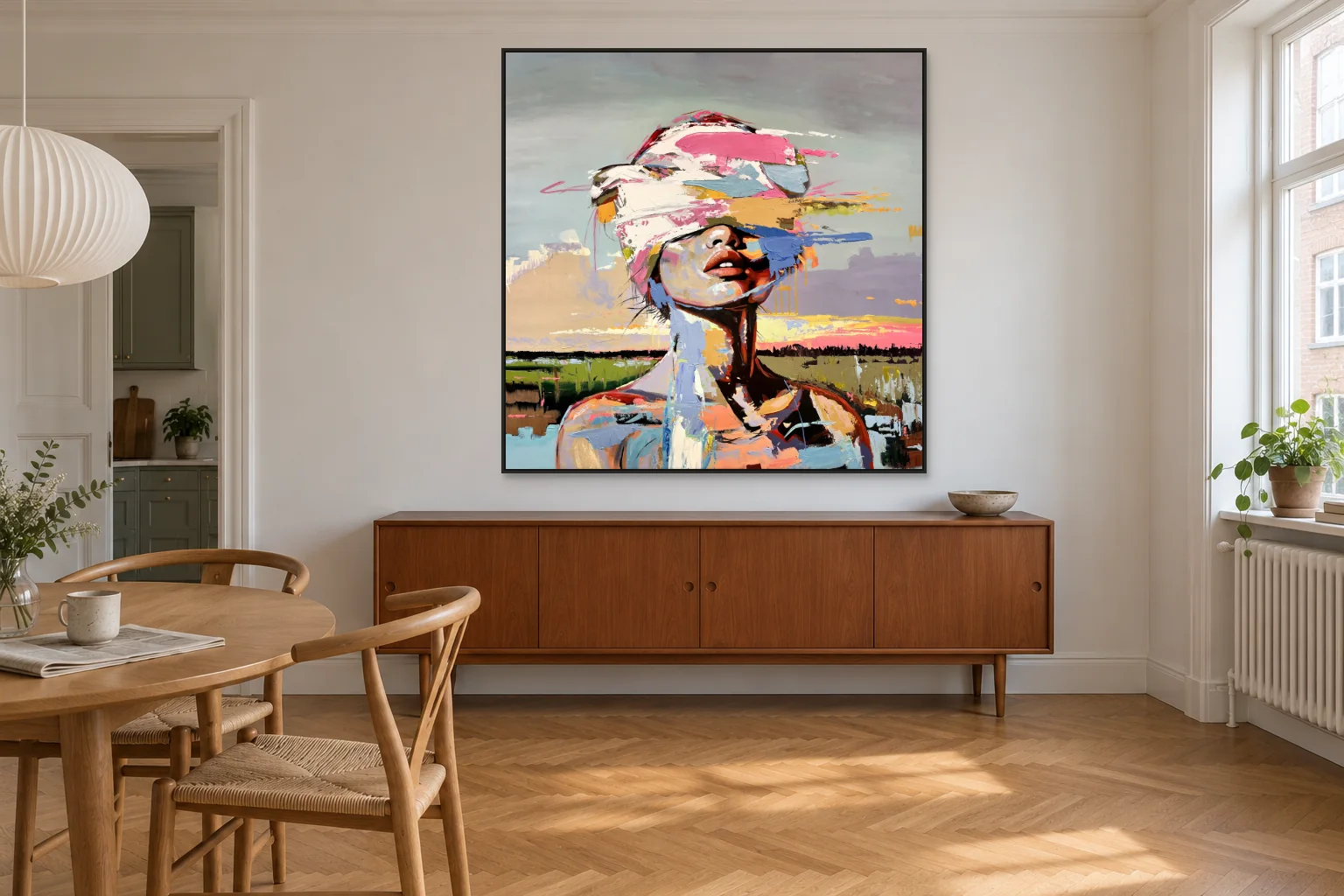 Kunstværket i et dansk hjem af Still Becoming, 150 × 150 cm, i spisestuen
